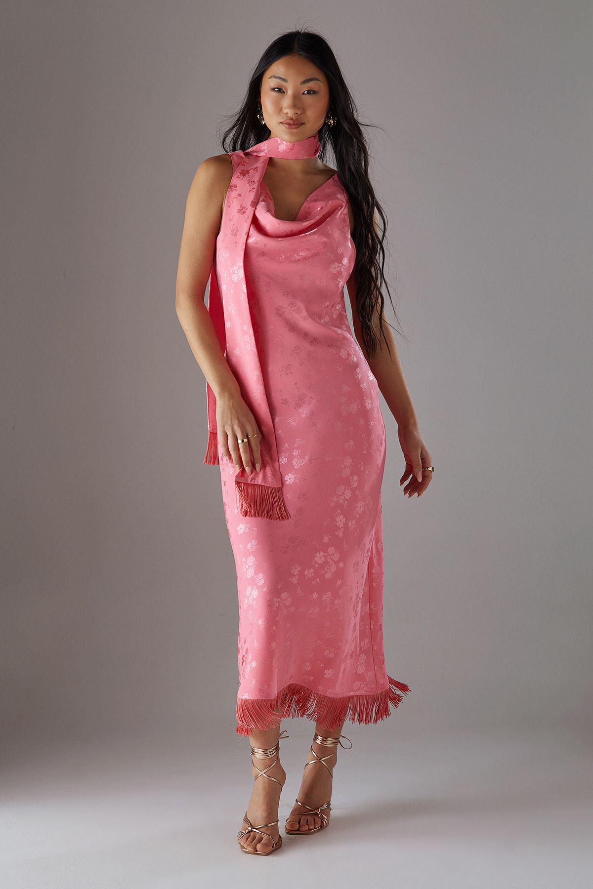 Warehouse Petite Satin Jacquard Cowl Scarf Neck Fringe Midi Slip Dress Pink image 1