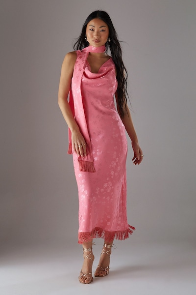 Warehouse Petite Satin Jacquard Cowl Scarf Neck Fringe Midi Slip Dress Pink