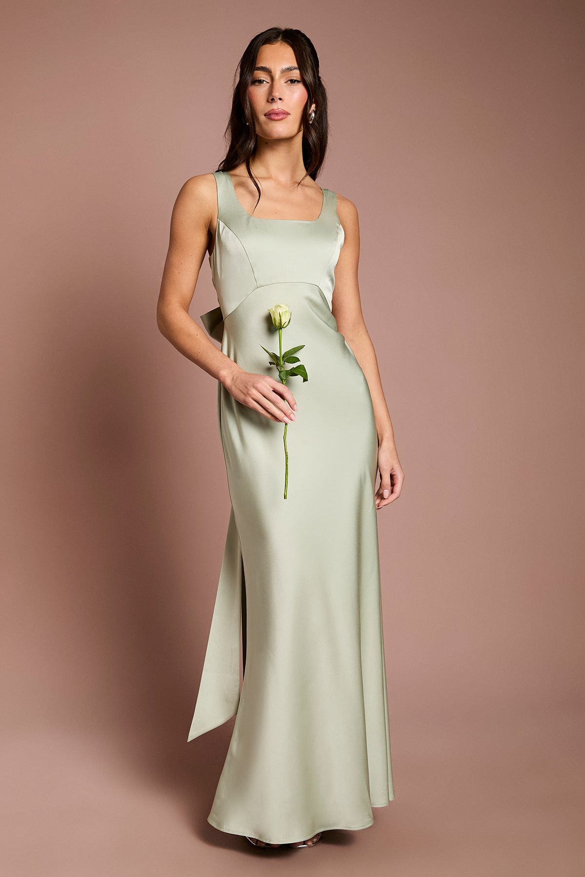 Coast Square Neck Satin and Crepe Bridesmaid Dress with Bow Back Sage