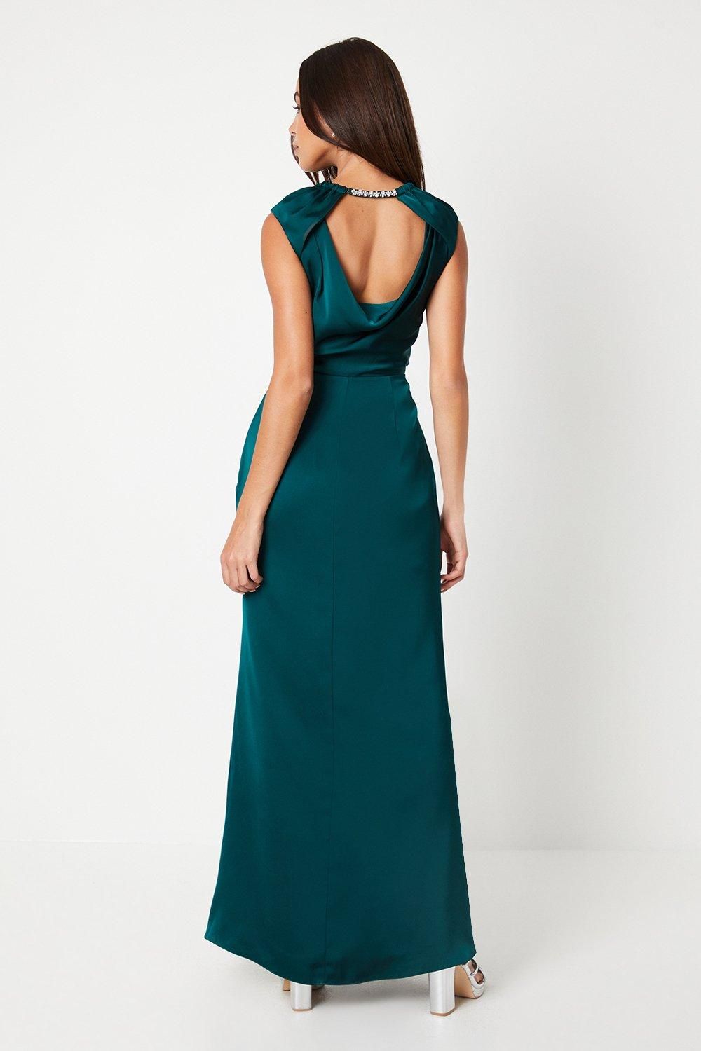 Coast Jewel Trim Cowl Back Satin Maxi Dress Emerald image 3