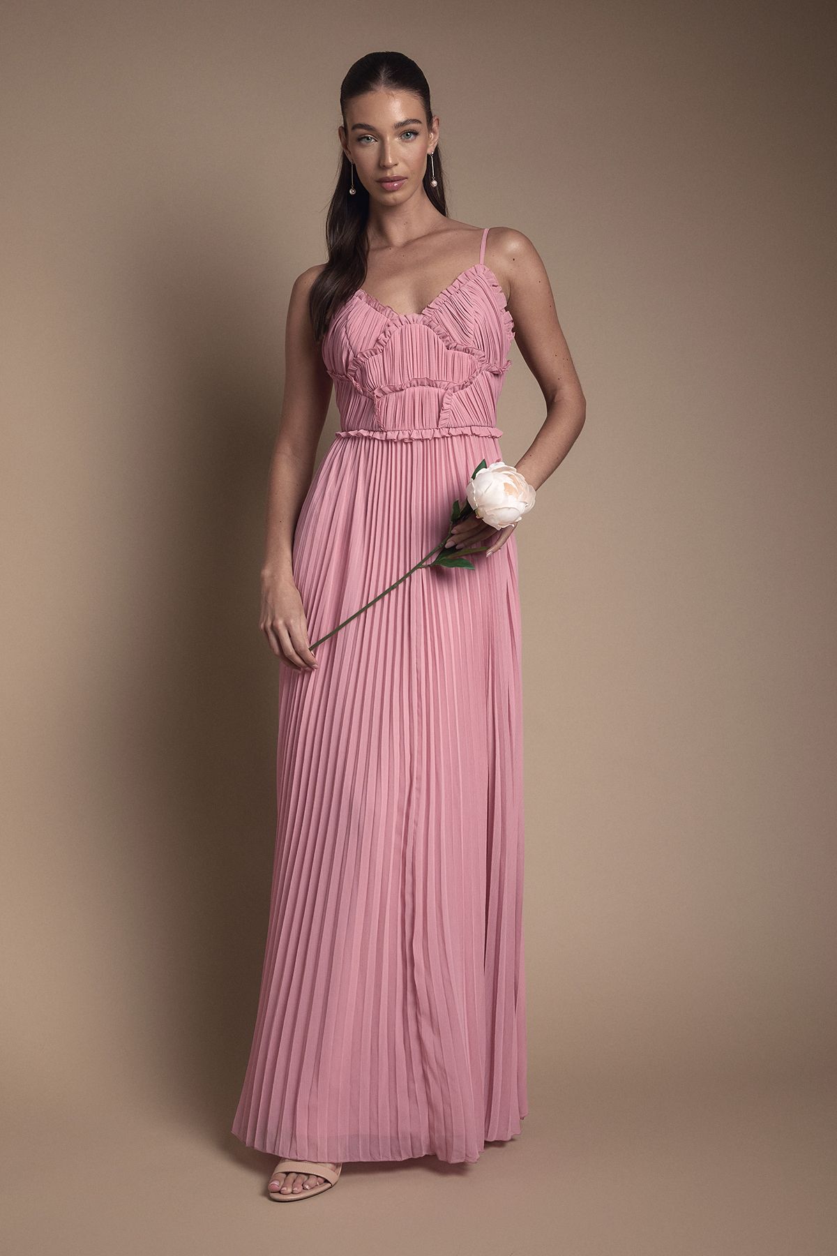 Oasis Strappy Pleated Bridesmaid Dress With Ruffle Detail Rose