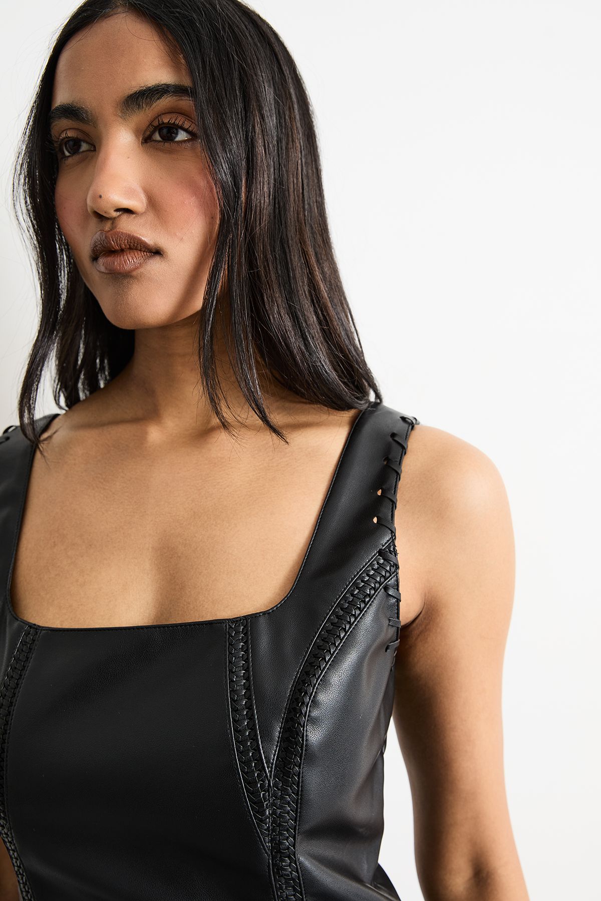 Warehouse Faux Leather Whipstitch Trim Midi Dress Black image 4