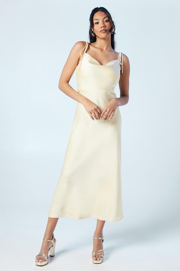Oasis Spaghetti Strap Cowl Front Bridesmaids Midi Dress Butter