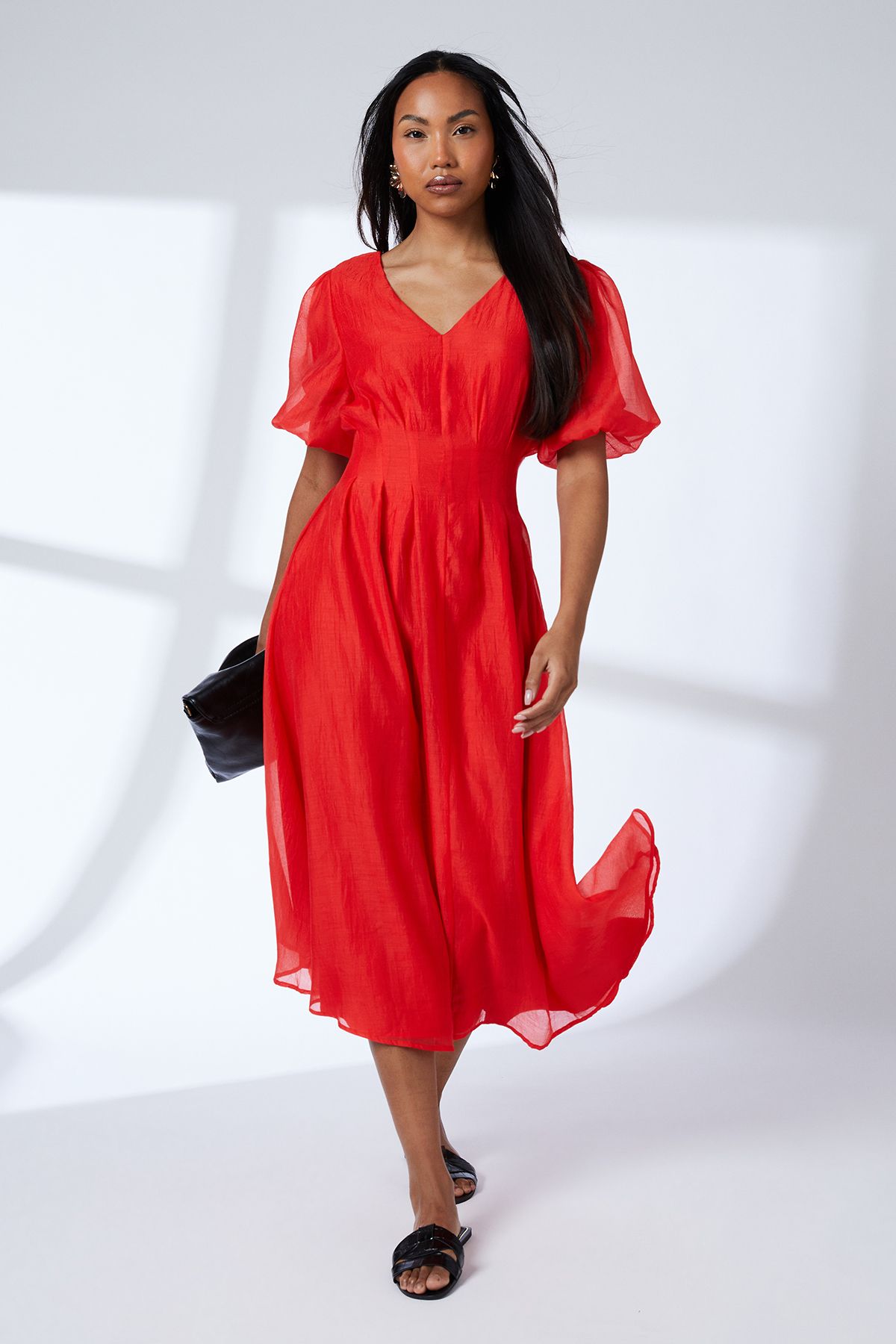 Principles Pleat Detail Puff Sleeve Midi Dress Red image 2