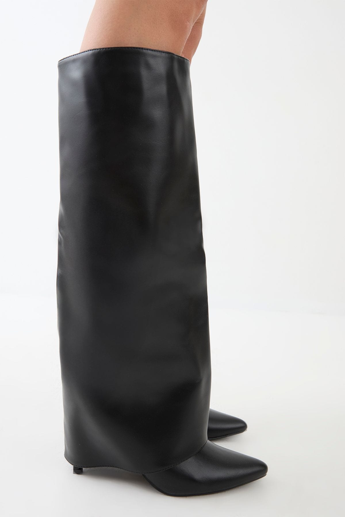 MissPap Faux Leather Foldover High Stiletto Knee High Boots Black image 4