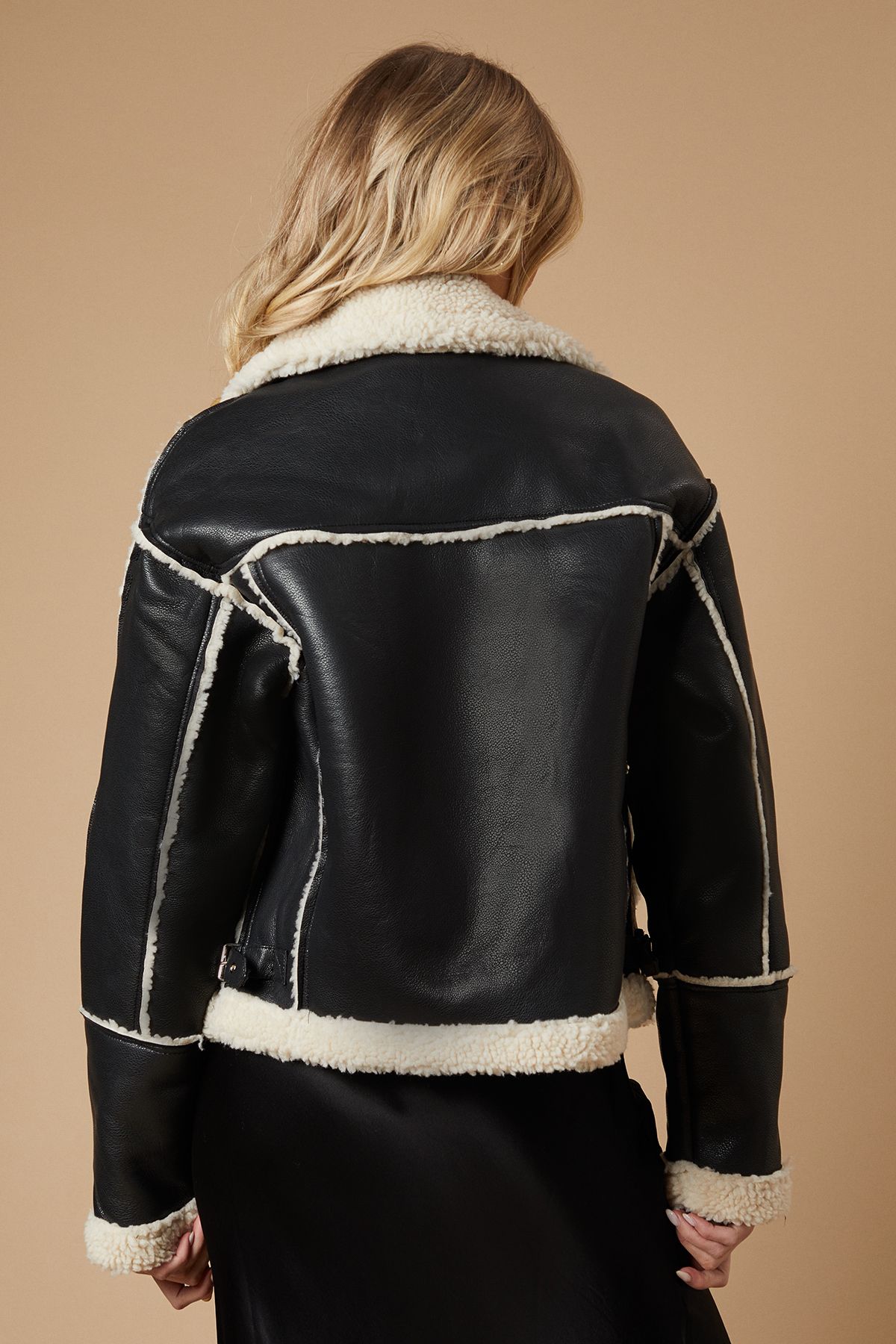 Oasis PU Borg Detail Collared Zip Jacket Black image 3