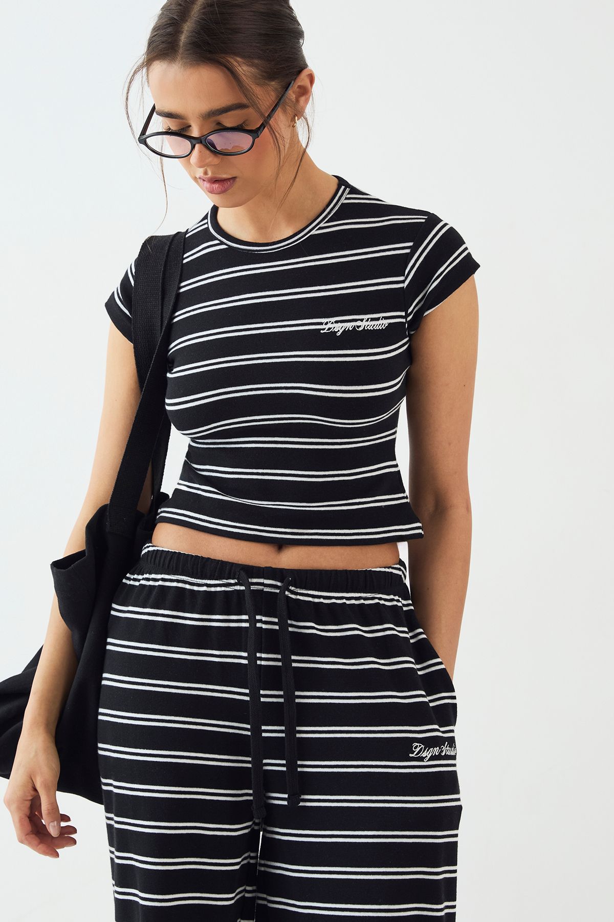 DSGN Studio DSGN Studio Stripe Fitted Short Sleeve Top Black image 3