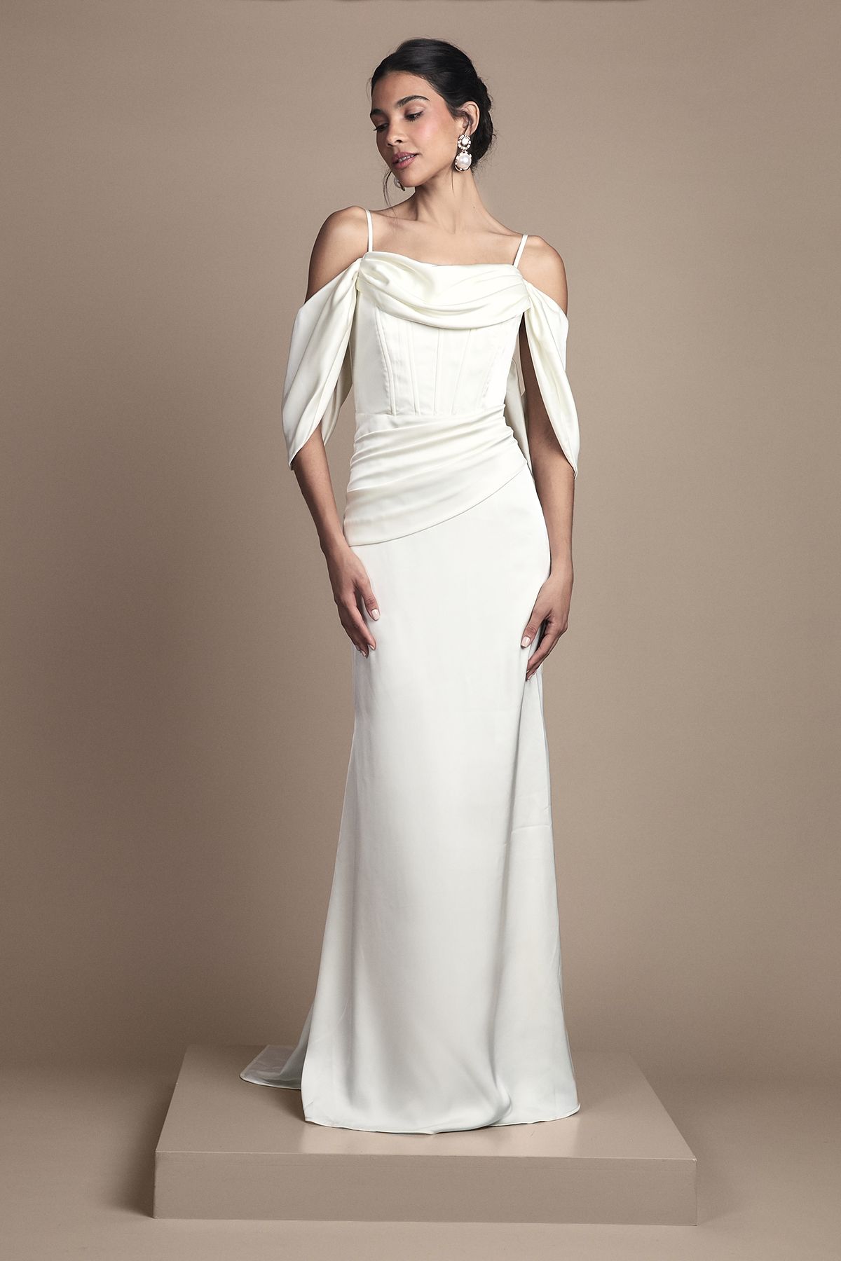 Coast Cowl Neck Corset Drape Satin Maxi Wedding Dress Oyster image 1