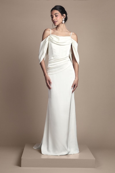 Coast Cowl Neck Corset Drape Satin Maxi Wedding Dress Oyster