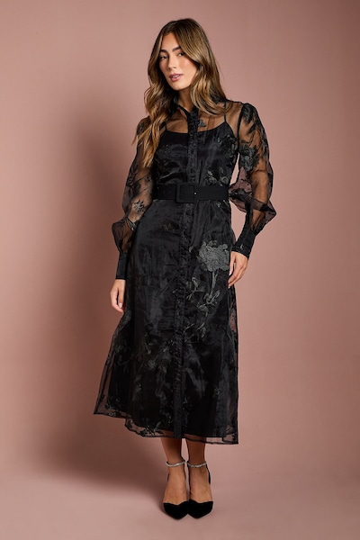 Coast Long Sleeve Embellished Organza Shirt Dress Black