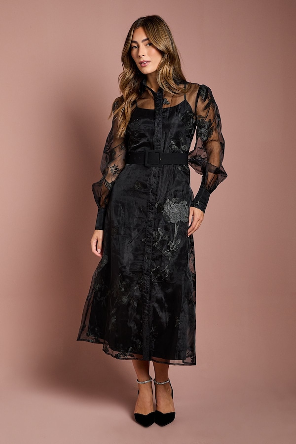 Coast Long Sleeve Embellished Organza Shirt Dress Black