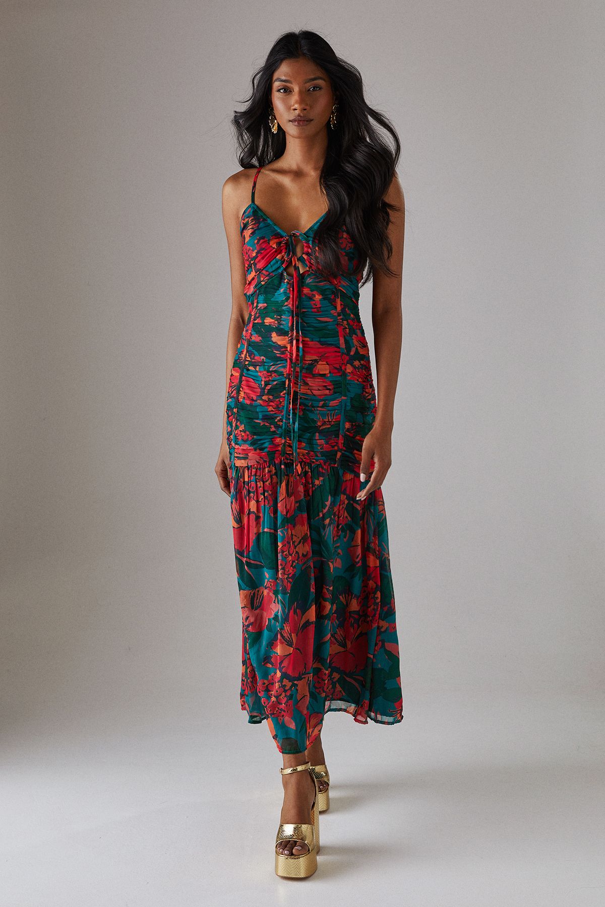 Warehouse Chiffon Gathered Channel Strappy Midi Dress Floral image 1