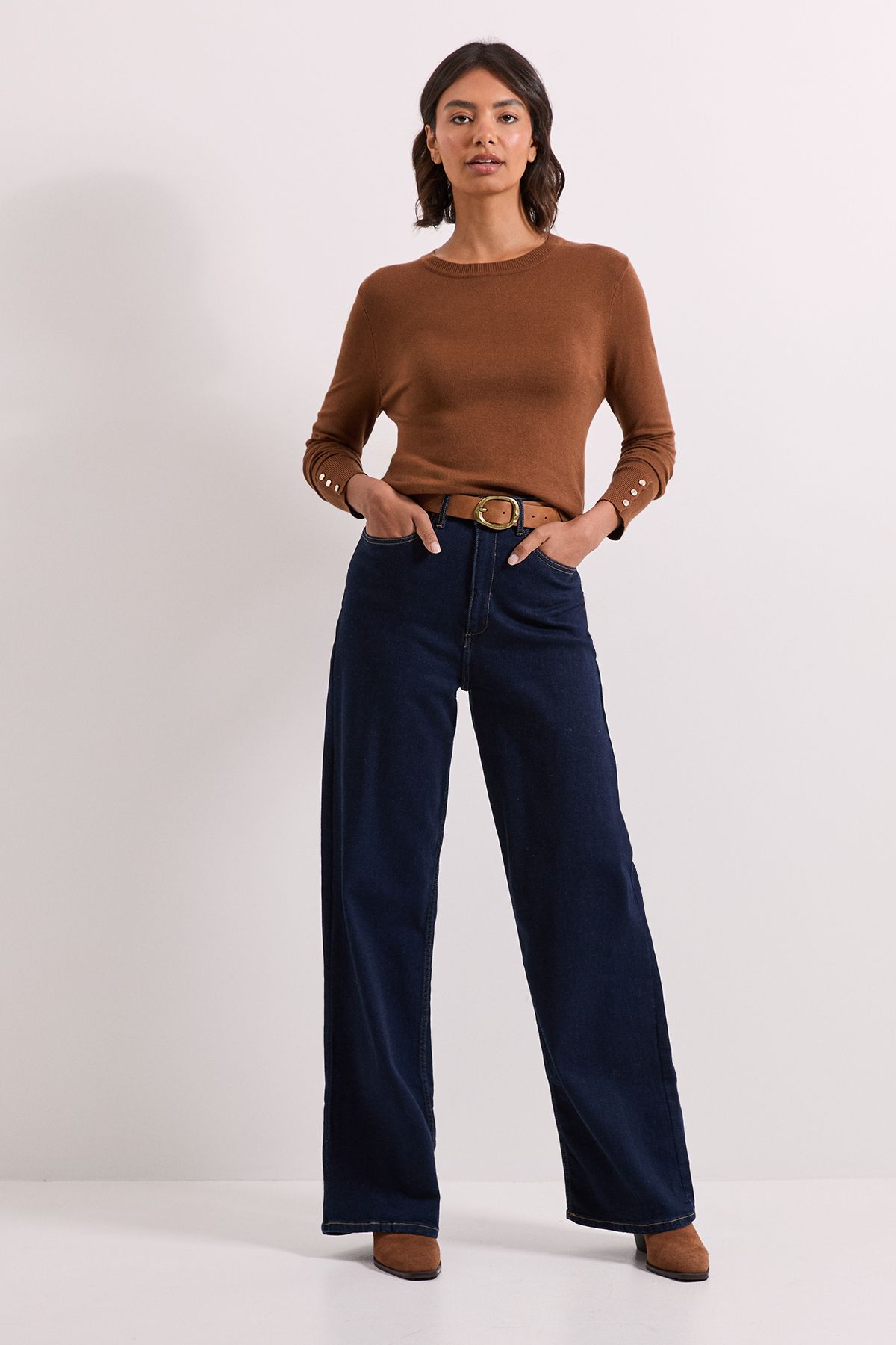 Dorothy Perkins Chocolate Crew Neck Button Cuff Jumper Chocolate image 2