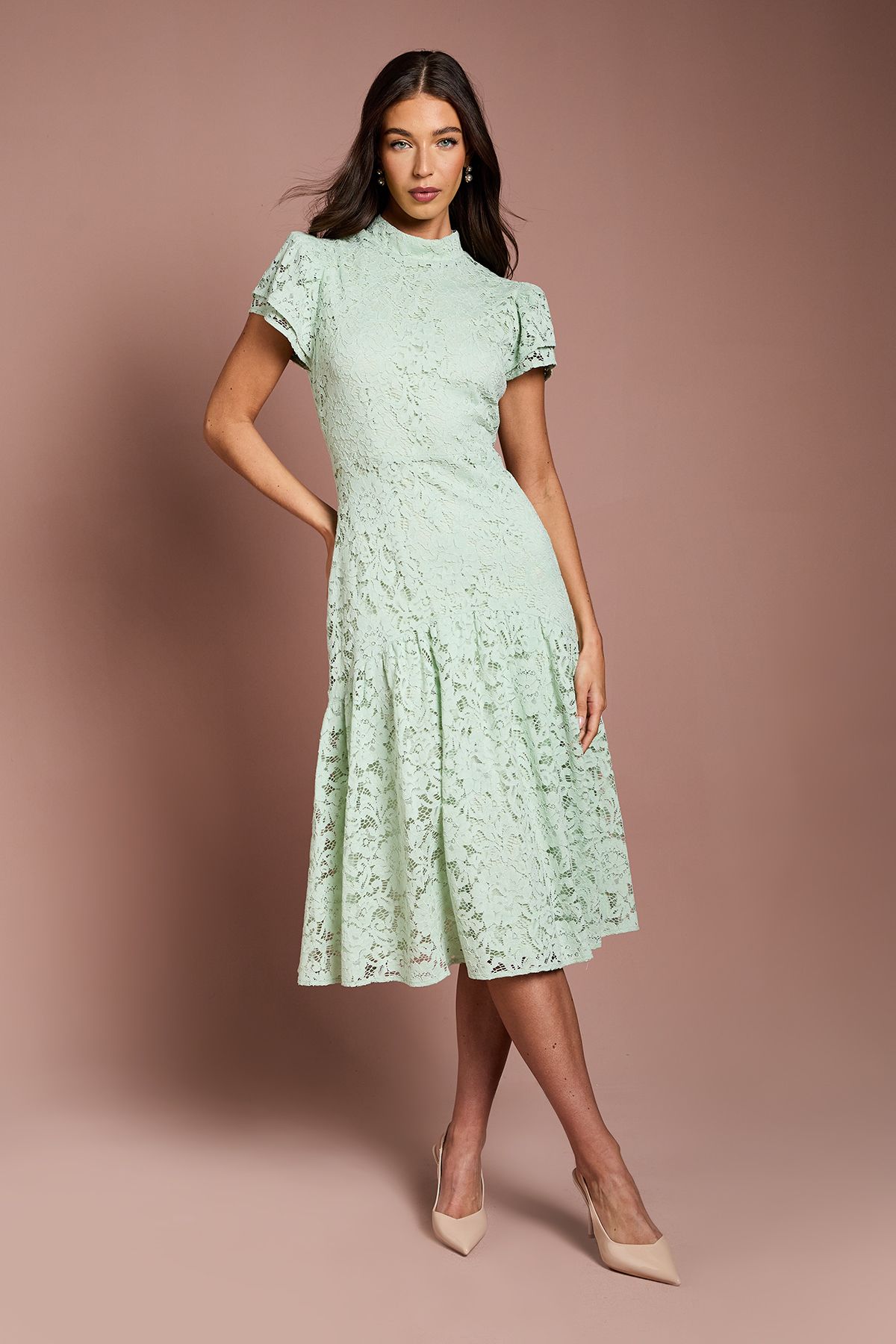 Coast Lace Frill Sleeve High Neck Midi Sage image 1