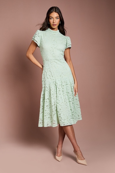 Coast Lace Frill Sleeve High Neck Midi Sage