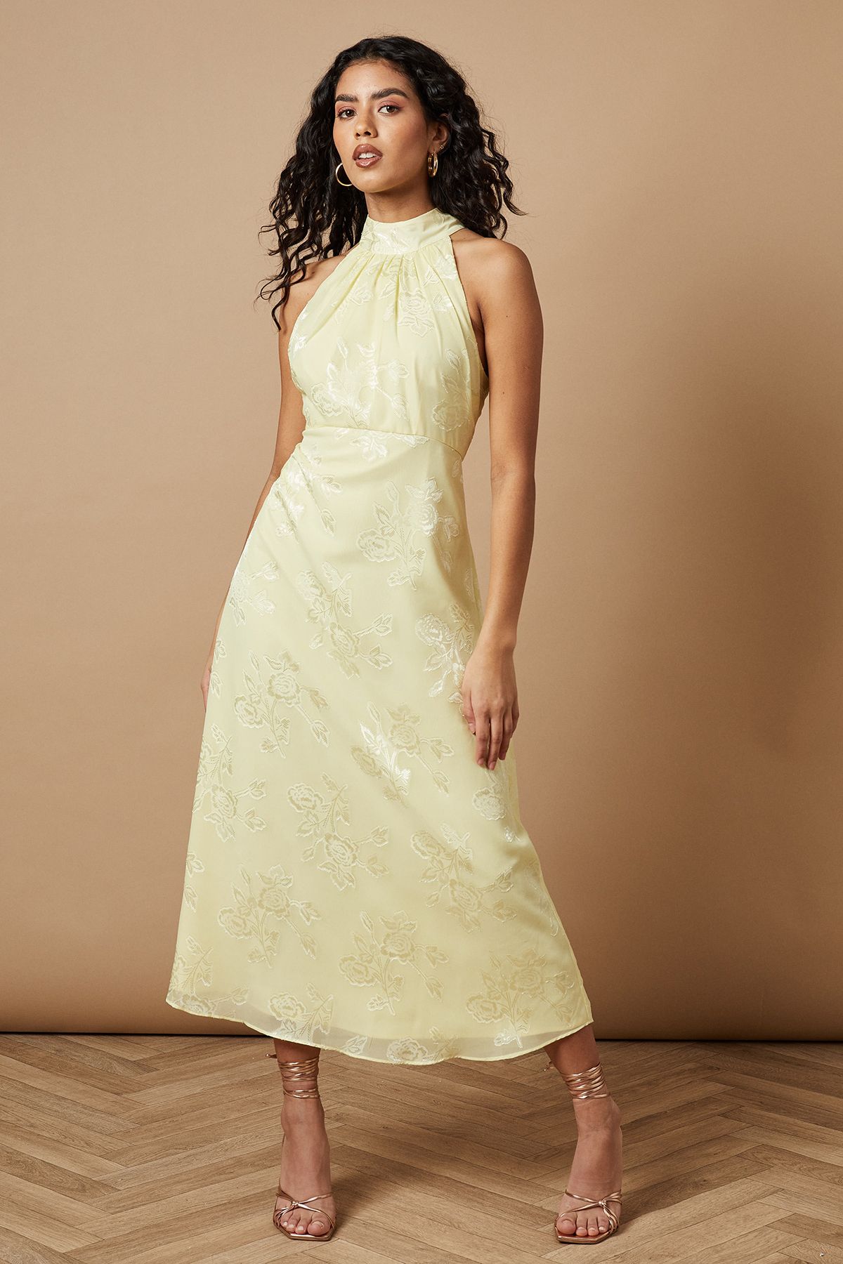 Oasis Petite Plain Satin Burnout Halterneck Midi Dress Butter