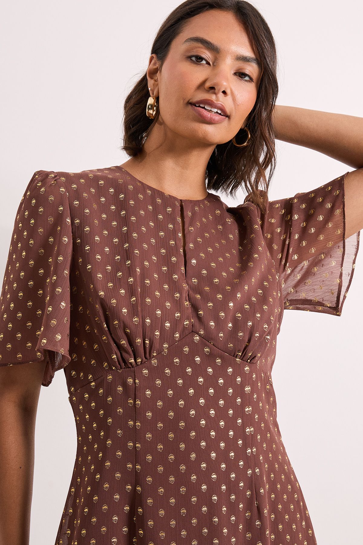 Dorothy Perkins DP Luxe Metallic Spot Chiffon Ruffle Hem Midi Dress Chocolate image 4