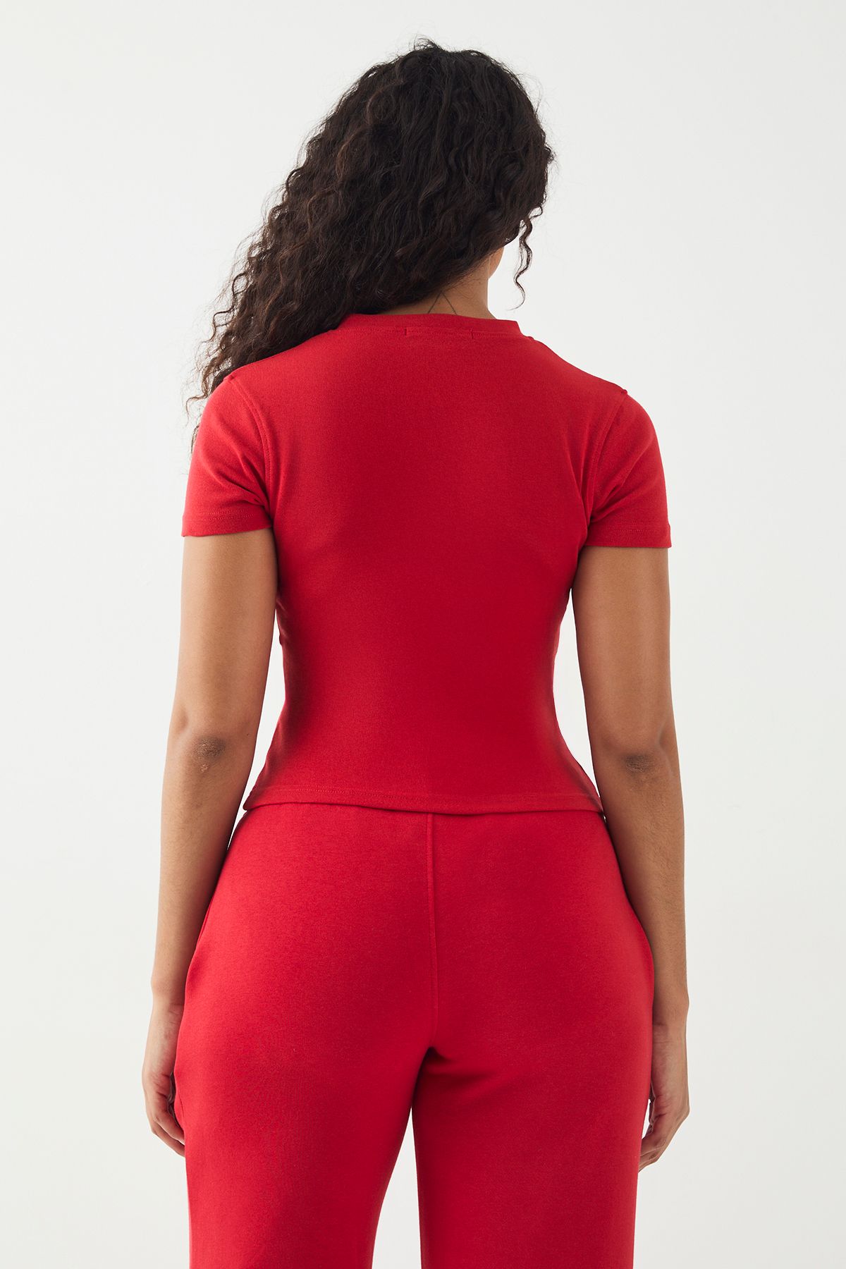 DSGN Studio DSGN Studio Script Embroidery Ribbed Button Through Short Sleeve Top Red image 2