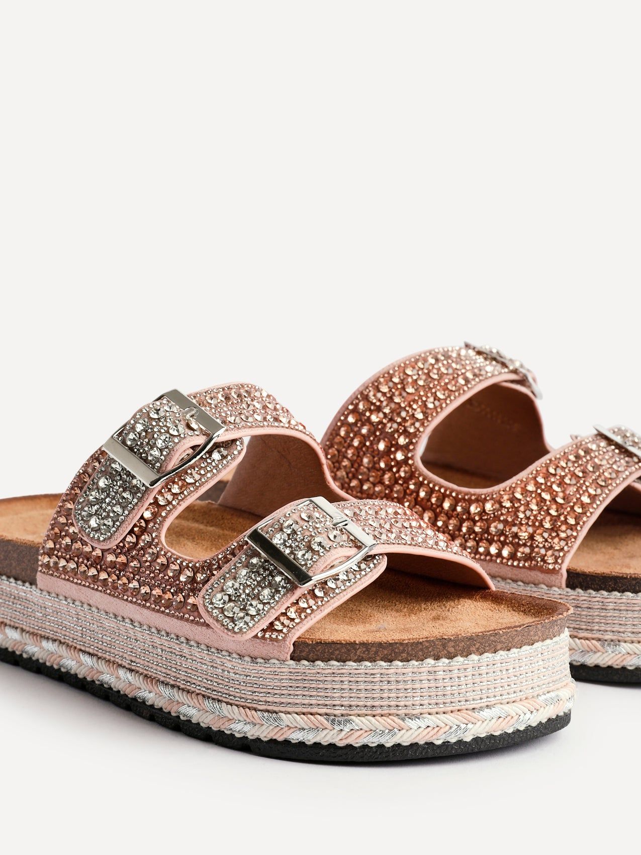 Linzi Glitzy Rose Gold Diamante Double Buckle Flatform Slider Sandal image 5