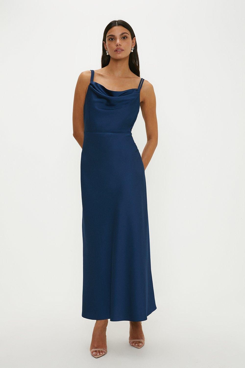 Oasis Satin Cowl Double Strap Midi Bridesmaids Dress Navy image 1