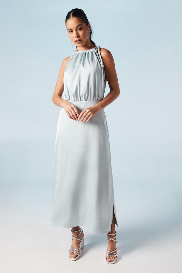 Oasis Ruched Halterneck Satin Bridesmaids Midi Dress Light Blue