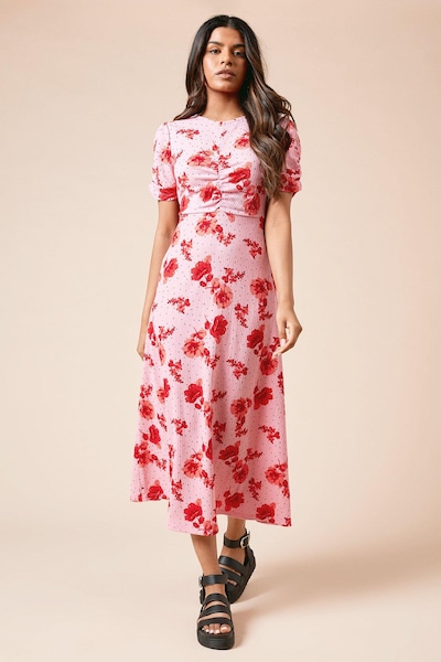 Dorothy Perkins Petite Floral Ruched Sleeve Jersey Midi Dress Floral