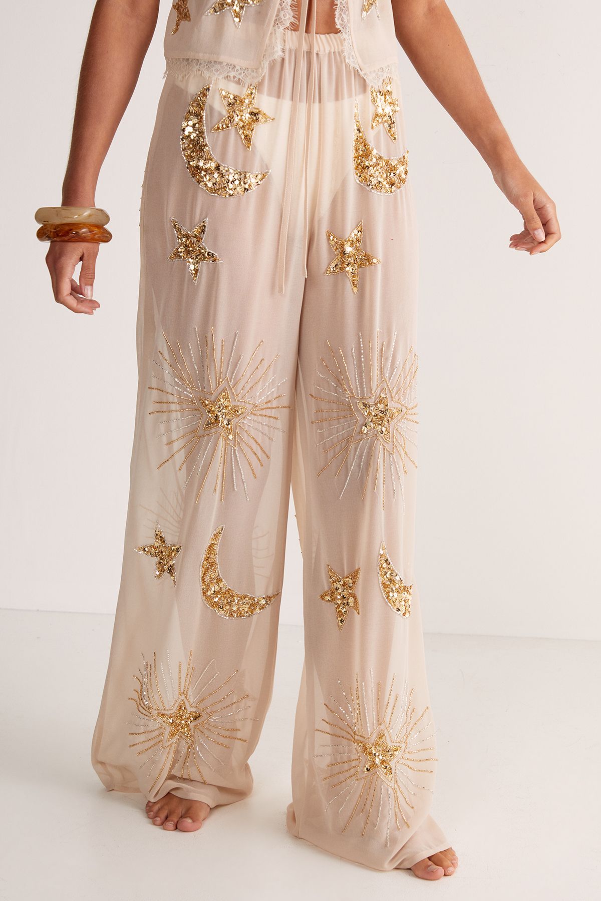 NastyGal Embellished Moon & Star Wide Leg Beach Trouser Champagne image 2