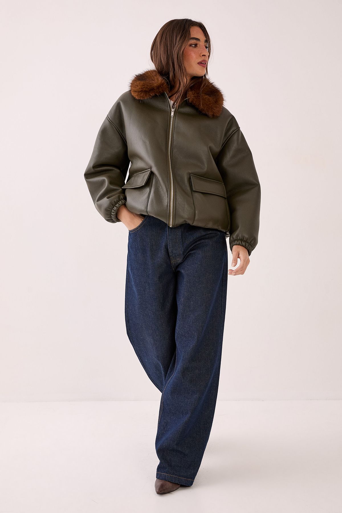 NastyGal PU Oversized Faux Fur Collar Bomber Jacket Khaki image 1