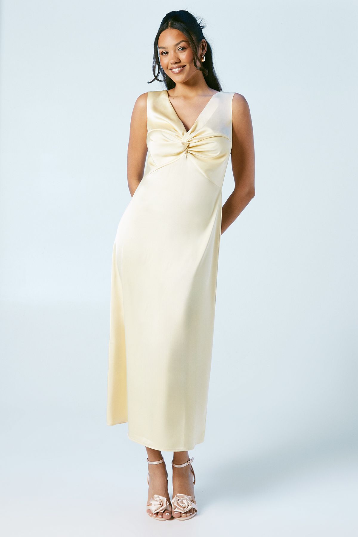 Oasis Twist V Neck Tie Back Satin Bridesmaid Midi Dress Butter image 2