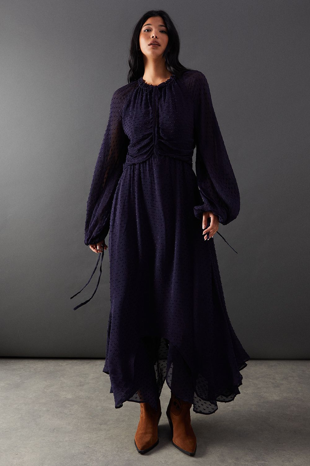 Warehouse Tufted Dobby Chiffon Button Front Tie Neck Hanky Hem Midi Dress Navy image 1