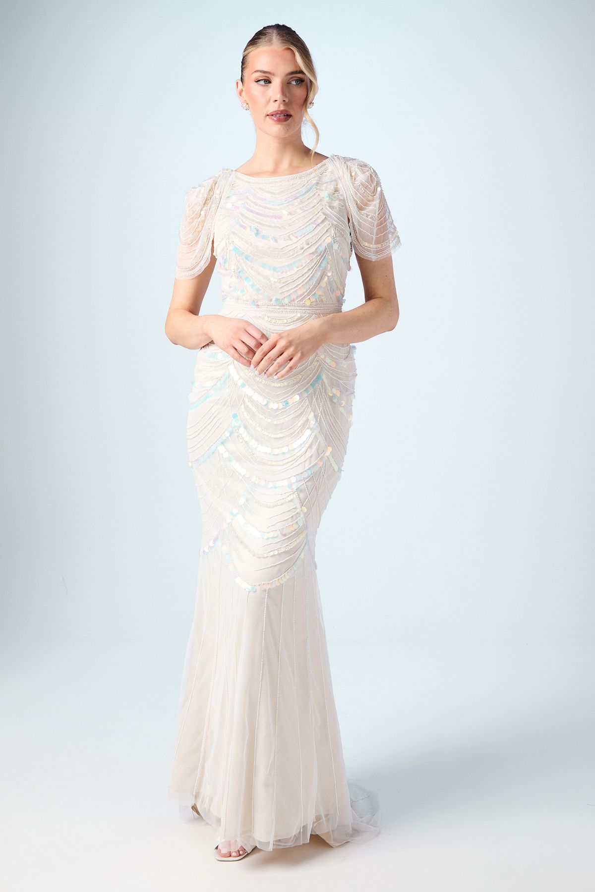 Coast Beaded Tulle Wedding Dress with Cap Sleeve Nude image 1