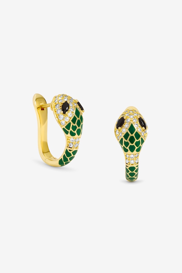 Inicio 14K Gold Plated and Emerald Snake Hoop Earrings - Gift Pouch