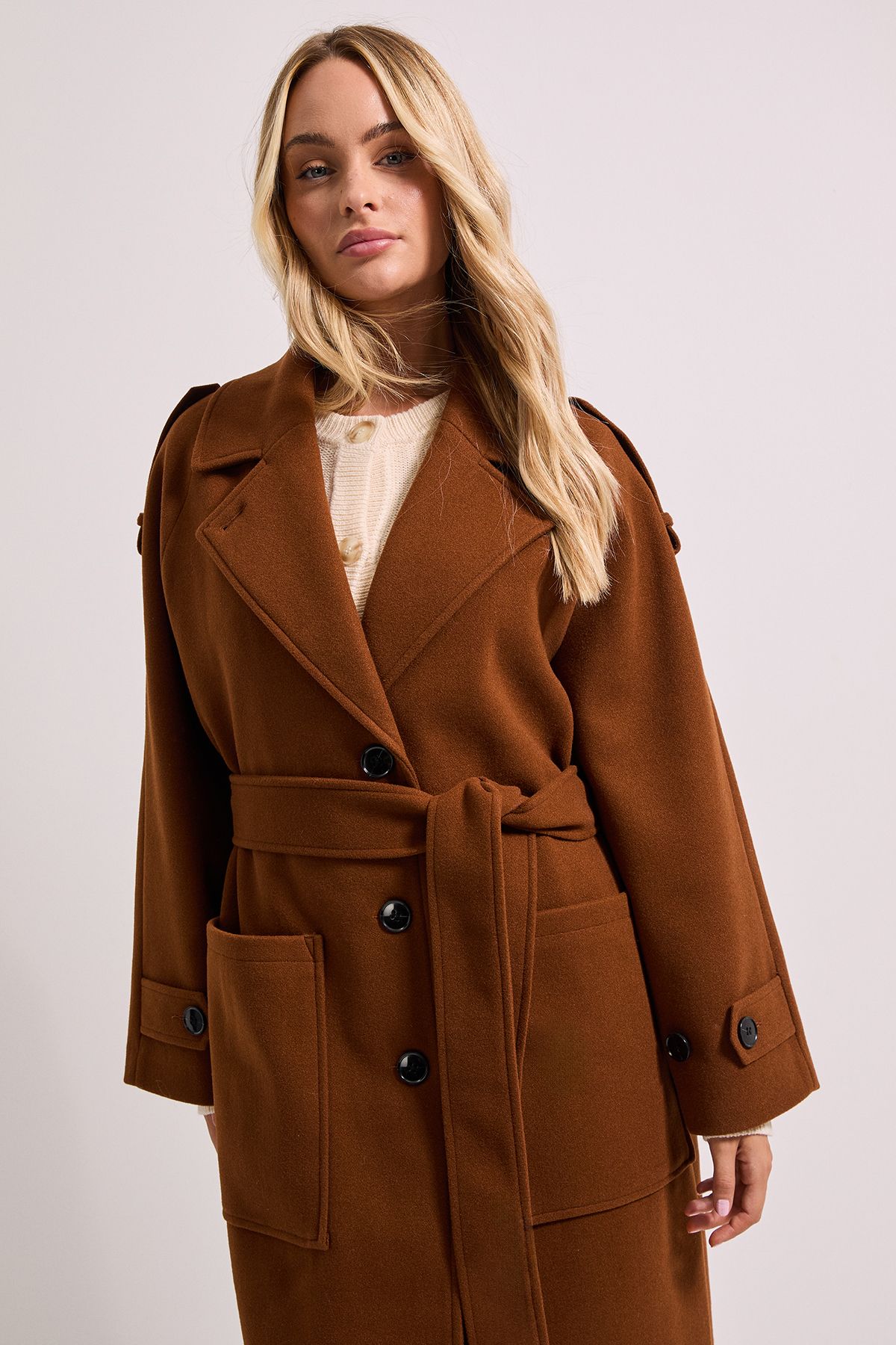 Dorothy Perkins Petite Belted Longline Coat Chocolate image 2