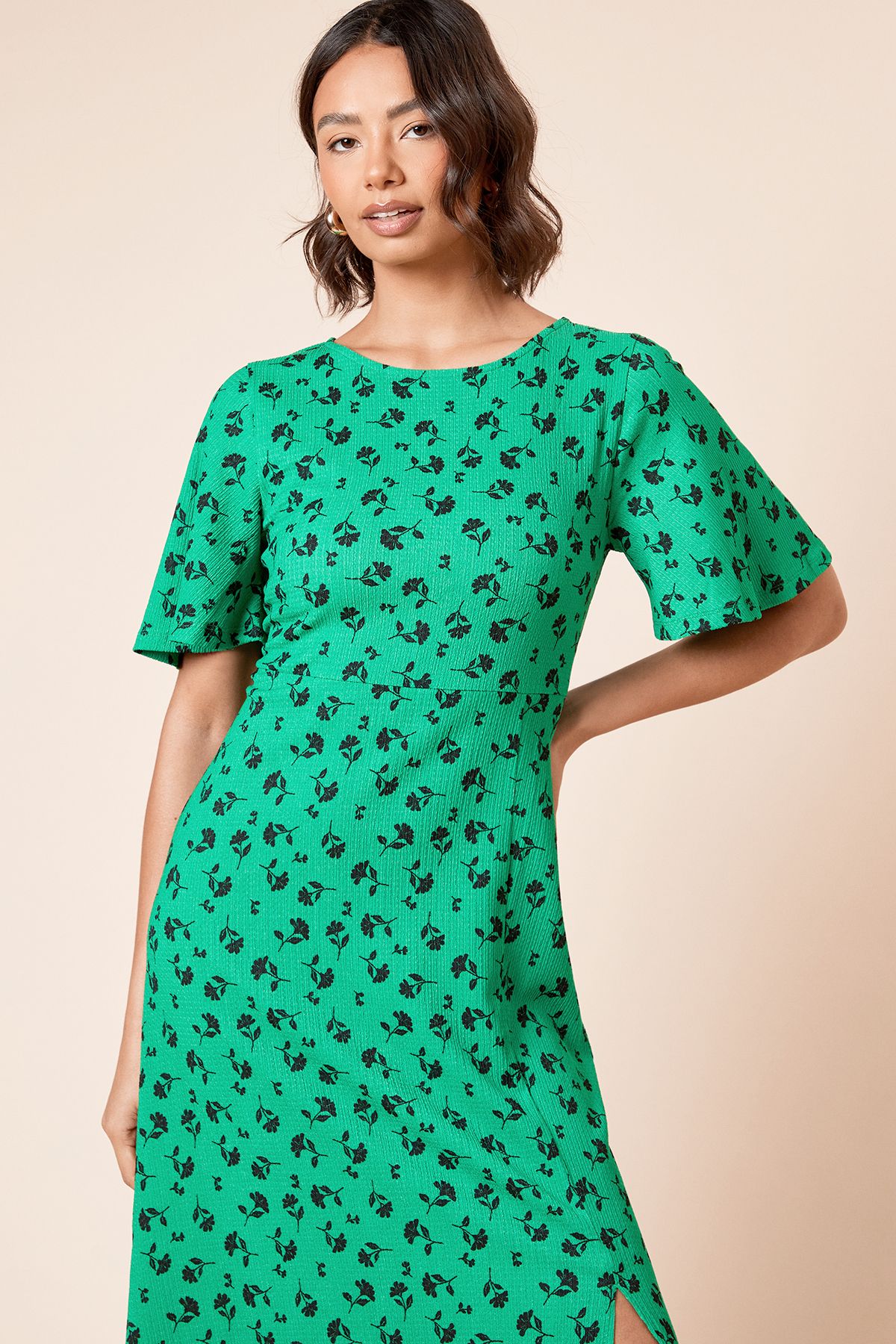 Dorothy Perkins Green Floral Angel Sleeve Jersey Midi Dress Green image 4
