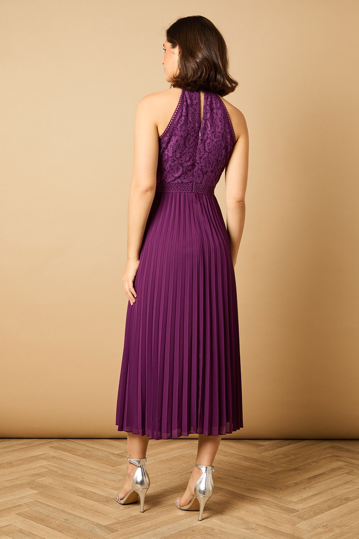 Oasis Plain Lace Mix Halterneck Midi Dress Purple image 3