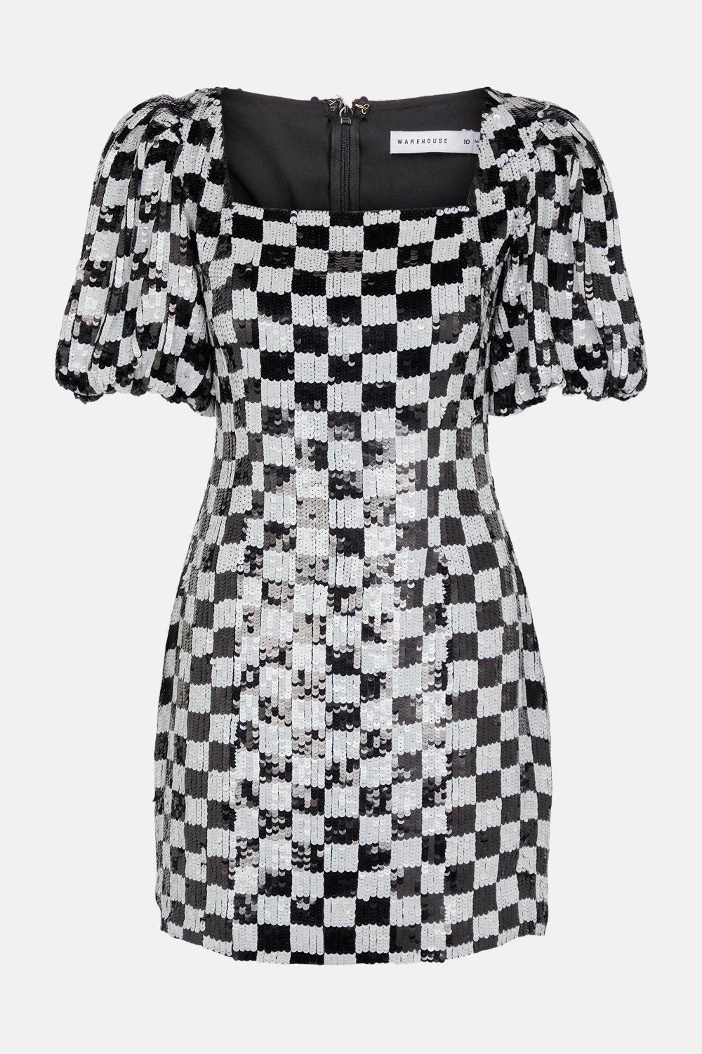 Warehouse Chequered Sequin Mini Dress Black image 5