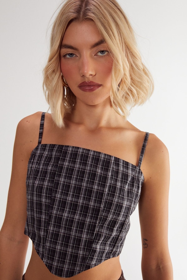 NastyGal Check Corset Top Navy