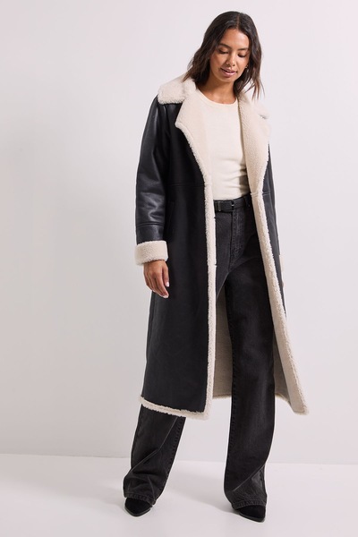 Dorothy Perkins Shearling Midi Coat Black