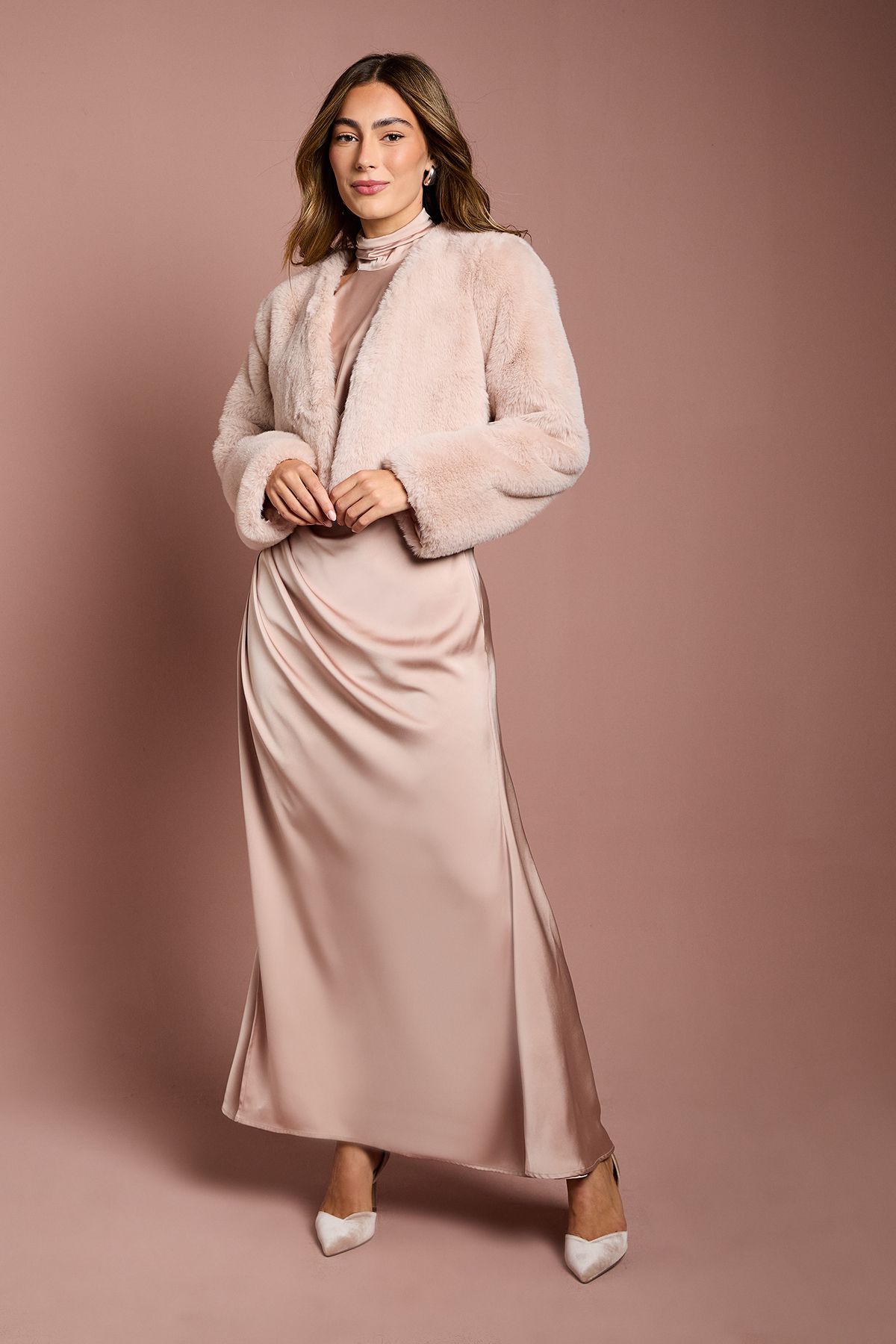 Coast Blush Occasion Short Edge To Edge Faux Fur Coat Blush image 2