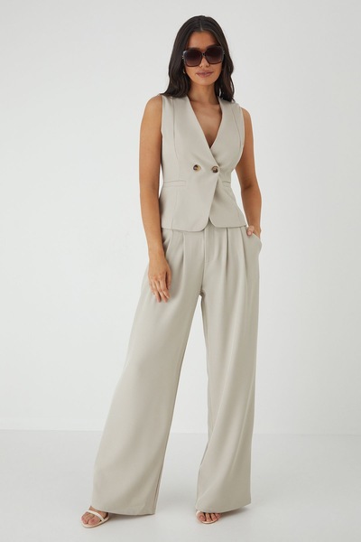 MissPap Tailored Wide Leg Pleat Detail Trousers Stone