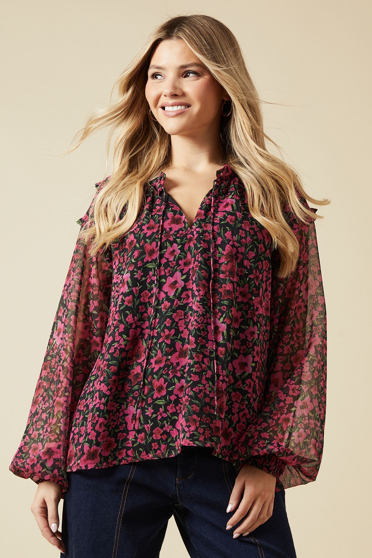 Dorothy Perkins Pink Spaced Floral Ruffle Sleeve Overhead Blouse Pink image 1