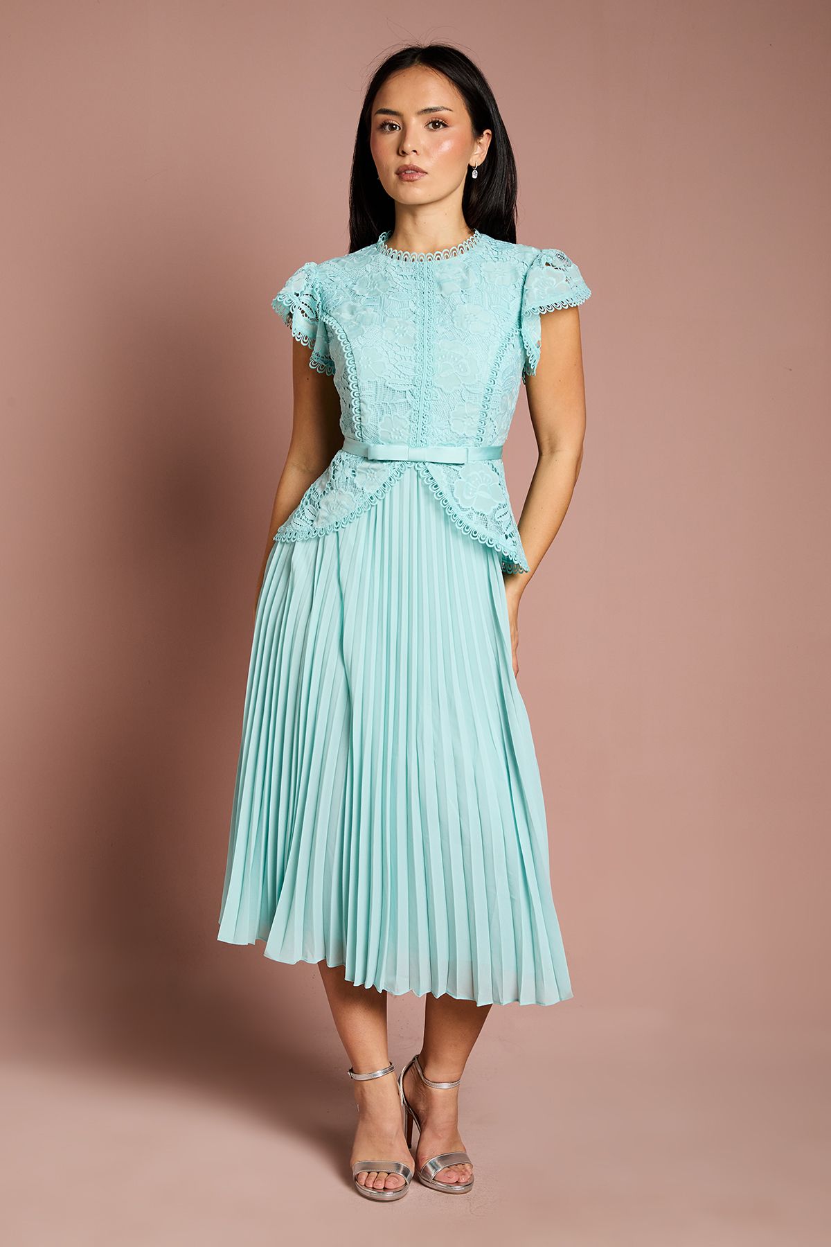 Coast Petite Lace Bodice Peplum Midi Dress Light Blue