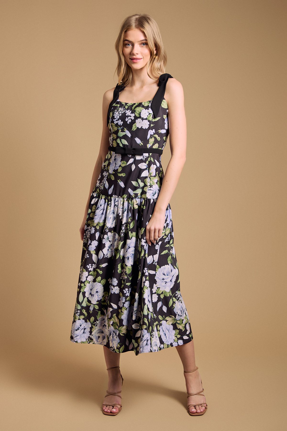 Oasis Petite Bow Detail Dropped Waist Midi Dress Black