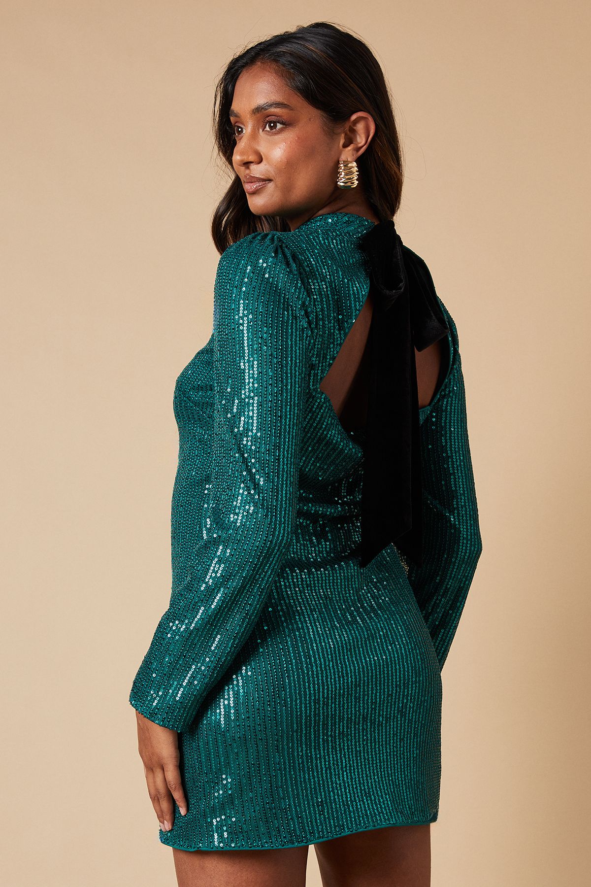 Oasis Sequin Velvet Bow Back Mini Dress Forest image 3