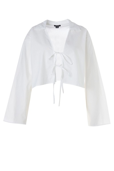 NastyGal Plus Cotton Tie Front Collared Wide Cuff Shirt White