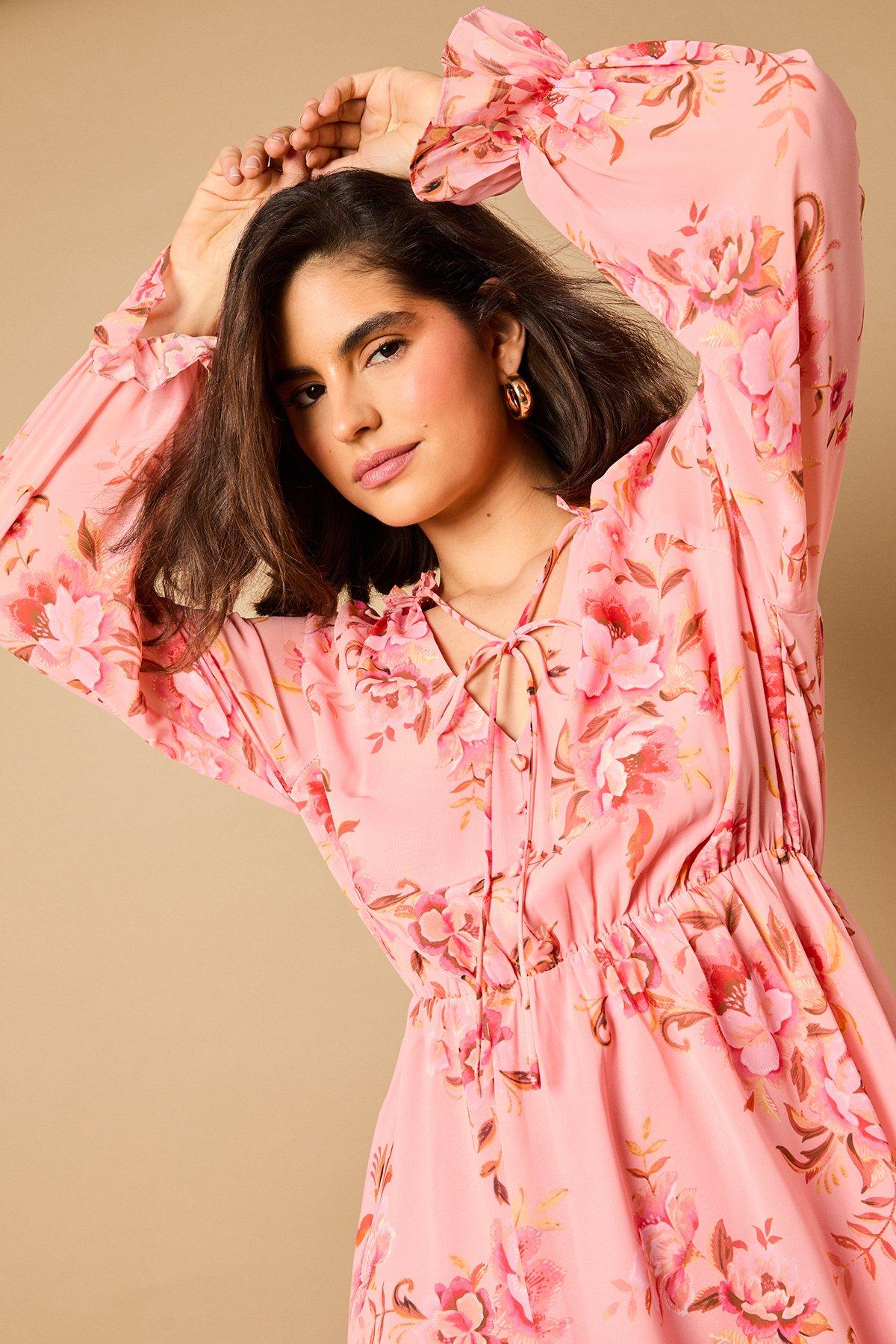 Oasis Floral Long Sleeve Mini Skater Dress Pink image 2