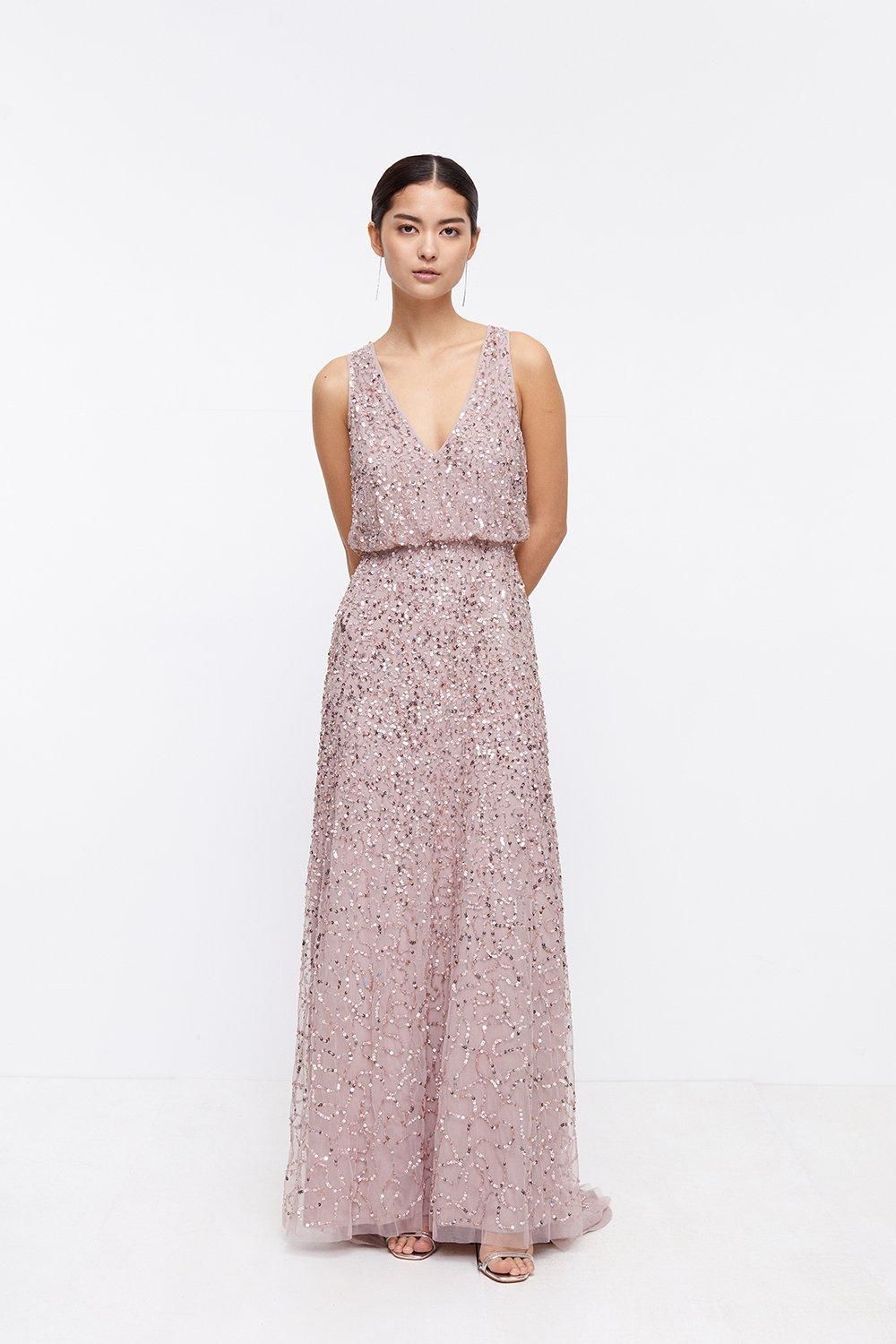 Coast Petite V Neck Blouson Sequin Maxi Dress Mink