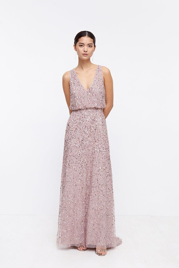 Coast Petite V Neck Blouson Sequin Maxi Dress Mink