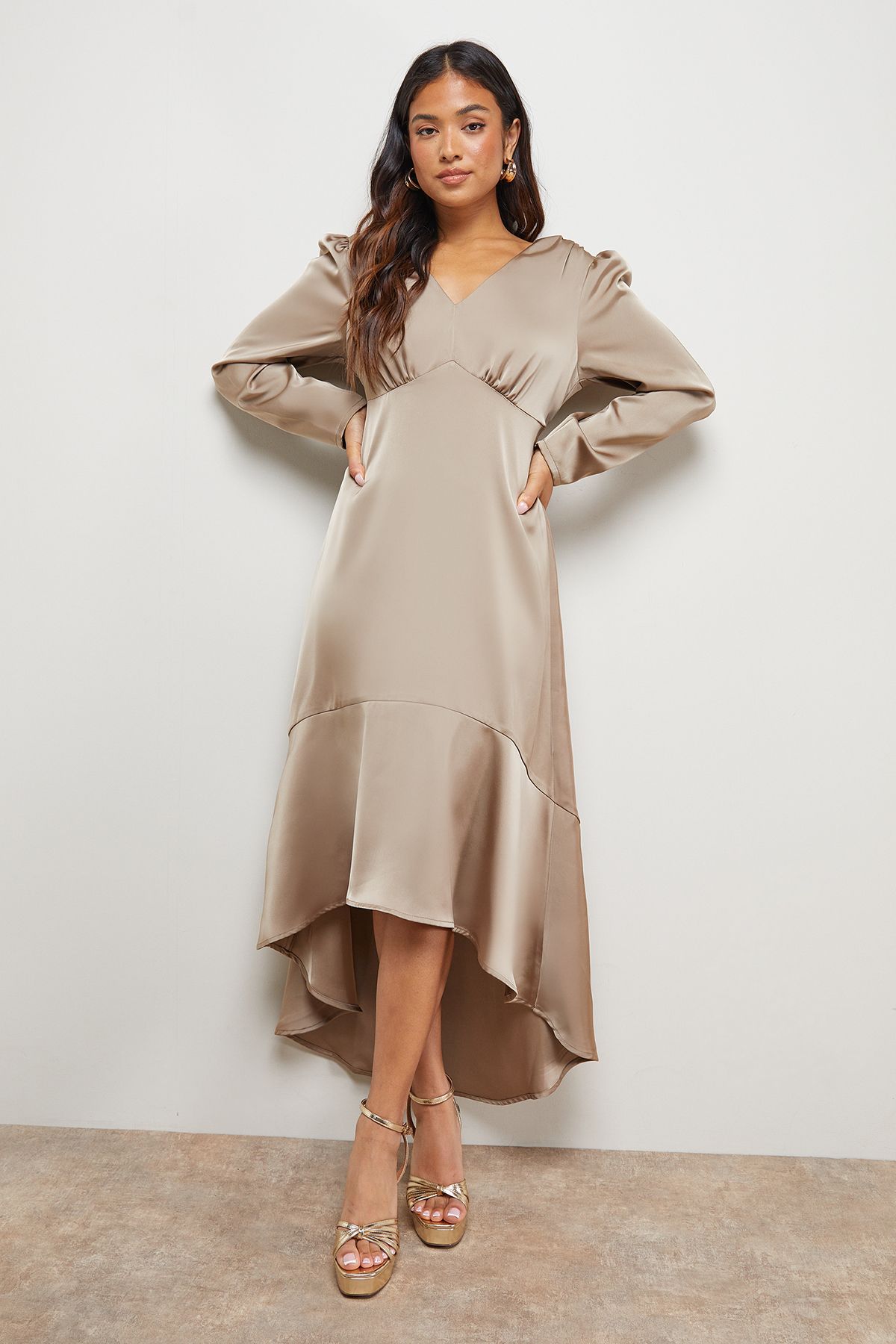 Oasis Petite Satin Puff Sleeve V Neck High Low Hem Midi Dress Mink image 2