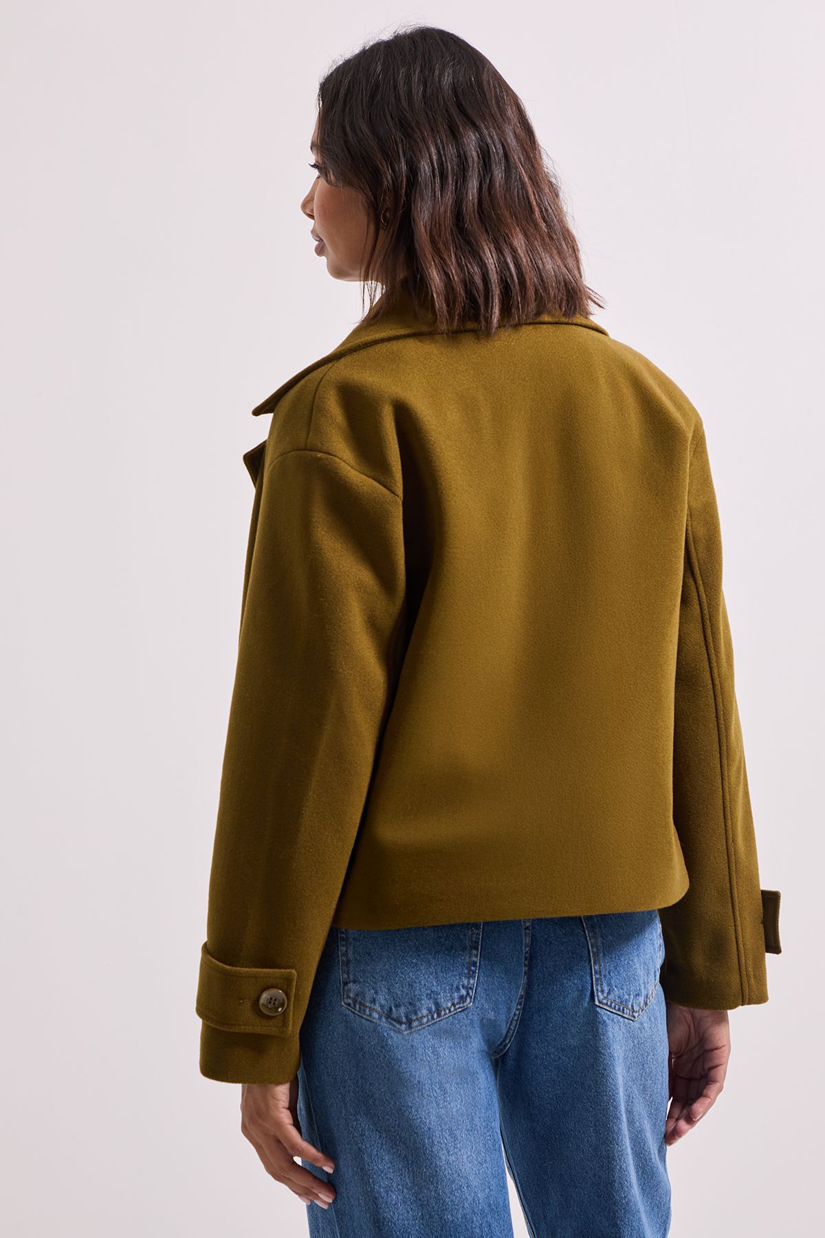 Dorothy Perkins Cuff Detail Wide Collared Short Coat Olive image 3